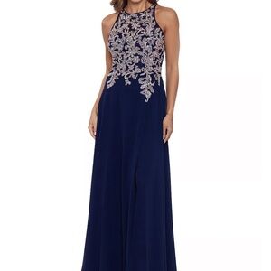 Betsy & Adam Navy Gown with Gold Floral Embroidery
